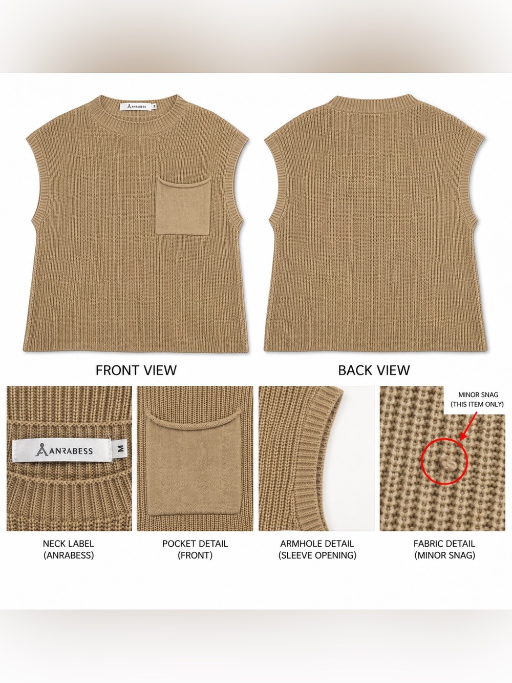 ANRABESS Women’s Medium Camel Brown Knit Sweater Vest Pocket Crewneck